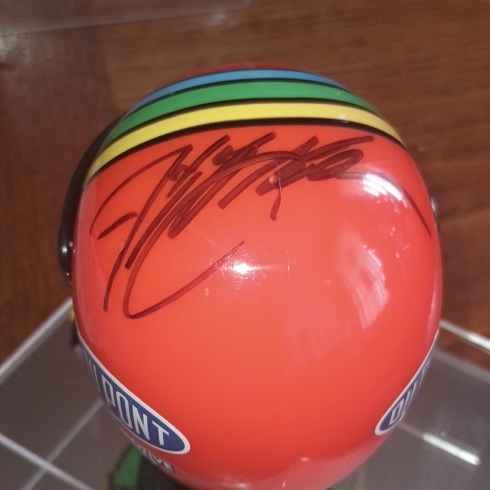 Red Racing Helmet with Rainbow Stripes
